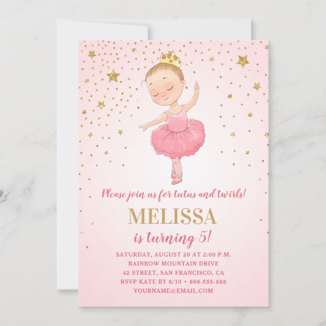 Cute Ballerina Watercolor Rosa Guld Girl Birthday Inbjudningar (Framsida)