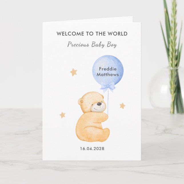 Cute Balloon Bear Welcome Baby Boy Card Kort (Framsida)