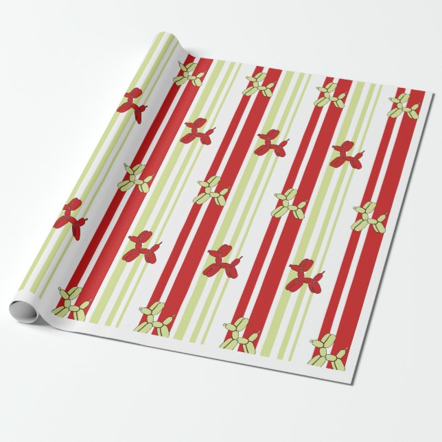 Cute Balloon Dog Pattern Red Green Stripe Party  Presentpapper (Utrullad)