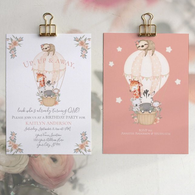 Cute Balloon Giraffe Sloth 1:a födelsedag Party Gi Inbjudningar (Skapare uppladdad)