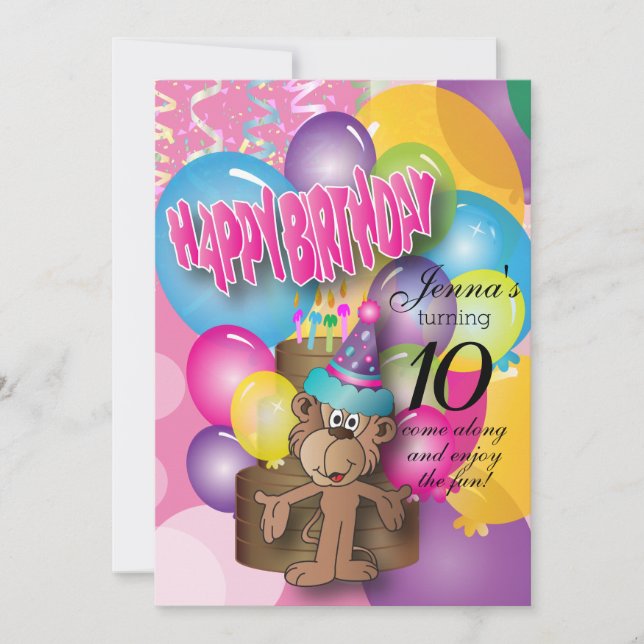 Cute Balloon Monkey Rosa Birthday Inbjudningar (Framsida)