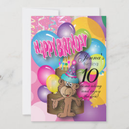 Cute Balloon Monkey Rosa Birthday Inbjudningar