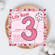 Cute Balloon - Rosa barn 3:e födelsedagsinbjudan