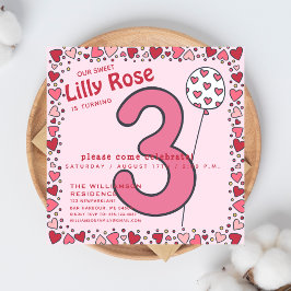 Cute Balloon - Rosa barn 3:e födelsedagsinbjudan Inbjudningar