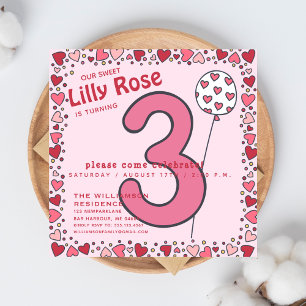Cute Balloon - Rosa barn 3:e födelsedagsinbjudan Inbjudningar
