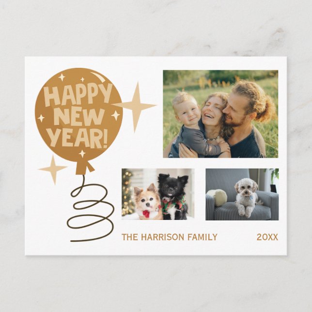 Cute Balloon Three Photos New Year Postcard Vykort (Framsida)