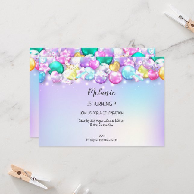 Cute Baloons Födelsedagsfest Girl-inbjudan Inbjudningar (Fram/Back In Situ)