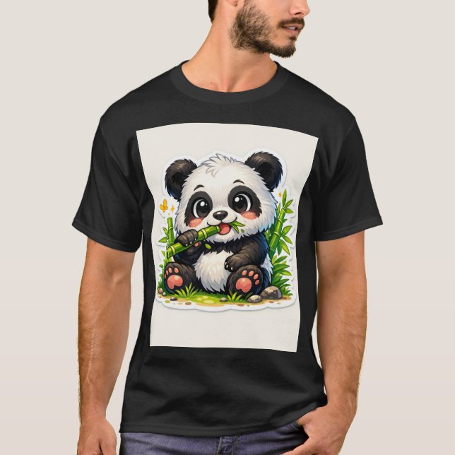 Cute Bamboo Munching Panda Sticker T Shirt (Framsida)