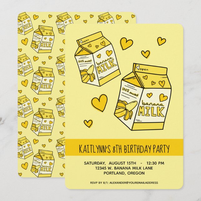 Cute Banana Mjölk Födelsedagsfest Inbjudningar (Fram/baksida)
