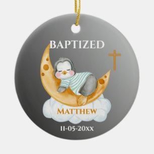 Cute Baptism Baby Penguin och Måne Julgransprydnad Keramik