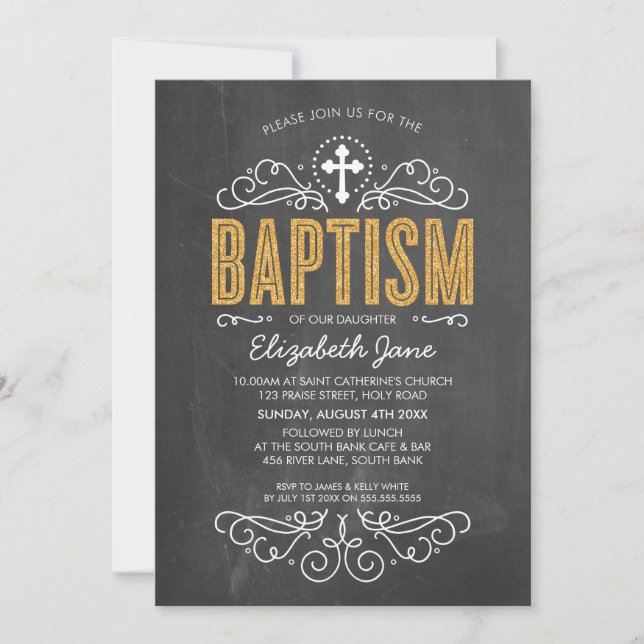 CUTE BAPTISM elegant guld glitter-typschalkboard Inbjudningar (Framsida)