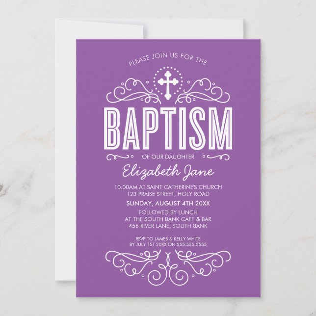 CUTE BAPTISM-elegant snurrar lila med fetstil Inbjudningar (Framsida)