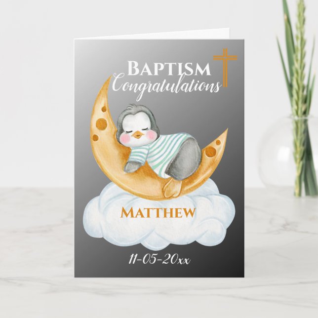 Cute Baptism Grattis Baby Penguin Card Kort (Framsida)