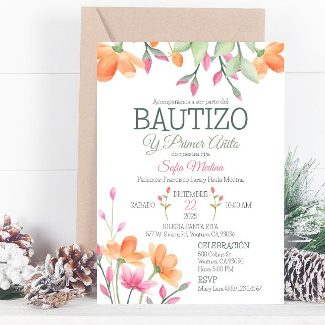 Cute Baptism och första födelsedag vattenfärgsblom Inbjudningar (Skapare uppladdad)