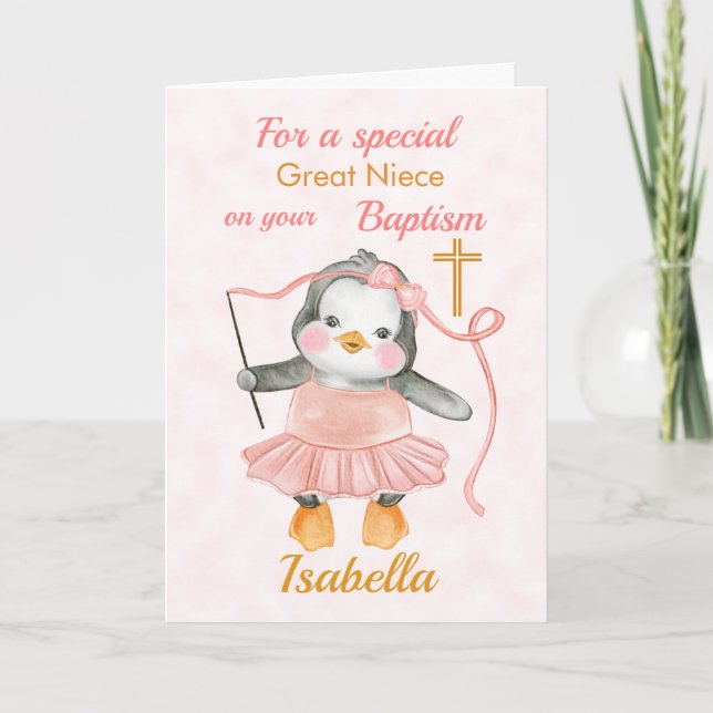 Cute Baptism Penguin Ballerina Rosa Card Kort (Framsida)