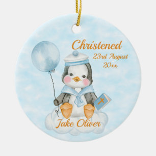 Cute Baptism Pojke Penguin Blue Julgransprydnad Keramik