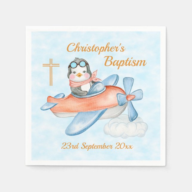 Cute Baptism Watercolor Baby Penguin-flygplan Pappersservett (Framsidan)