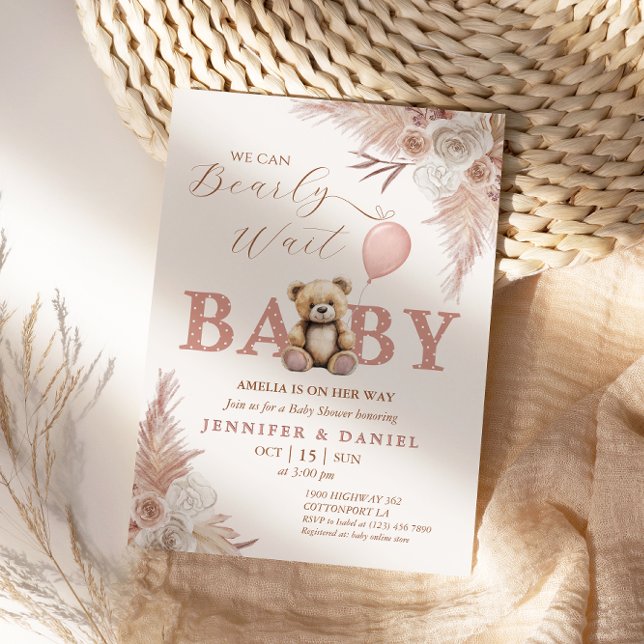 Cute Barly Wait Baby Shower Rosa Boho Blommigt Gir Inbjudningar (Skapare uppladdad)