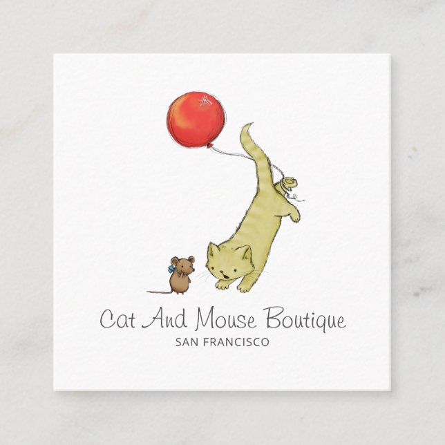 Cute Barn Retail Boutique Cat Mouse Balloon Fyrkantigt Visitkort (Framsida)