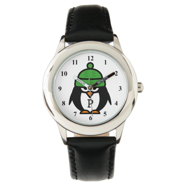 Cute-barn tittar på en rolig penguin-tecknad armbandsur (Framsida)