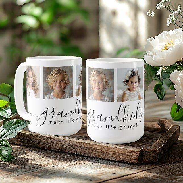 Cute Barnbarn Gör Life Grand 4 Photo Kaffemugg (Personalize this mug with 4 photos of the grandchildren for a perfect gift for Grandma!)