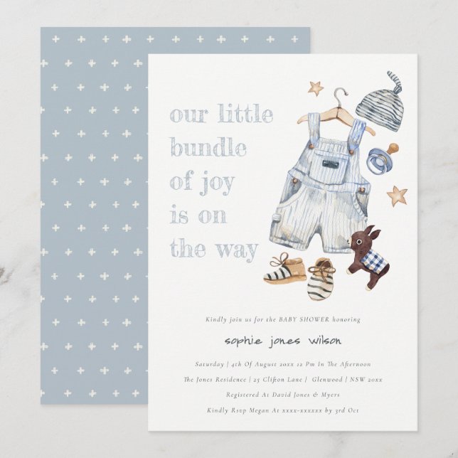 Cute Barnkläders Essentials Blue Boy Baby Shower Inbjudningar (Fram/baksida)
