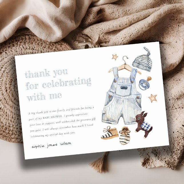 Cute Barnkläders Essentials Blue Boy Baby Shower Tack Kort (Skapare uppladdad)