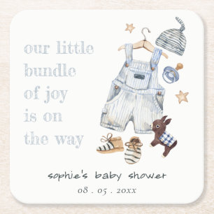 Cute Barnkläders Essentials Blue Boy Baby Shower Underlägg Papper Kvadrat