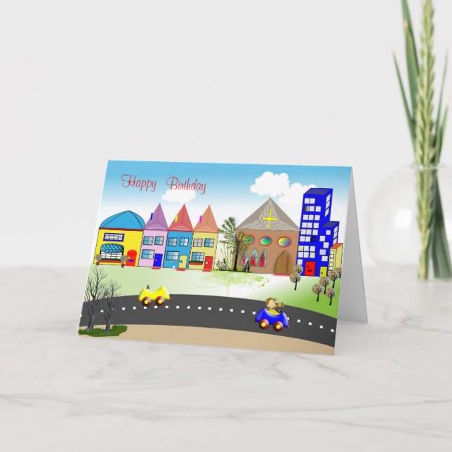Cute Barns födelsedag Card-färgad liten stad Kort (Framsida)