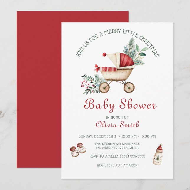 Cute Barnvagn Merry Little jul Baby Shower Inbjudningar (Fram/baksida)