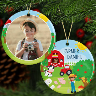 Cute Barnyard Animals, Farmer Photo jul Julgransprydnad Keramik