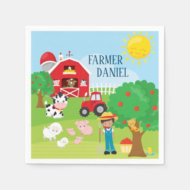 Cute Barnyard Animals, Farmer, Tractor Birthday Pappersservett (Framsidan)