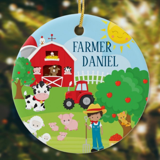 Cute Barnyard Animals, Farmer, Traktorjul Julgransprydnad Keramik (Skapare uppladdad)