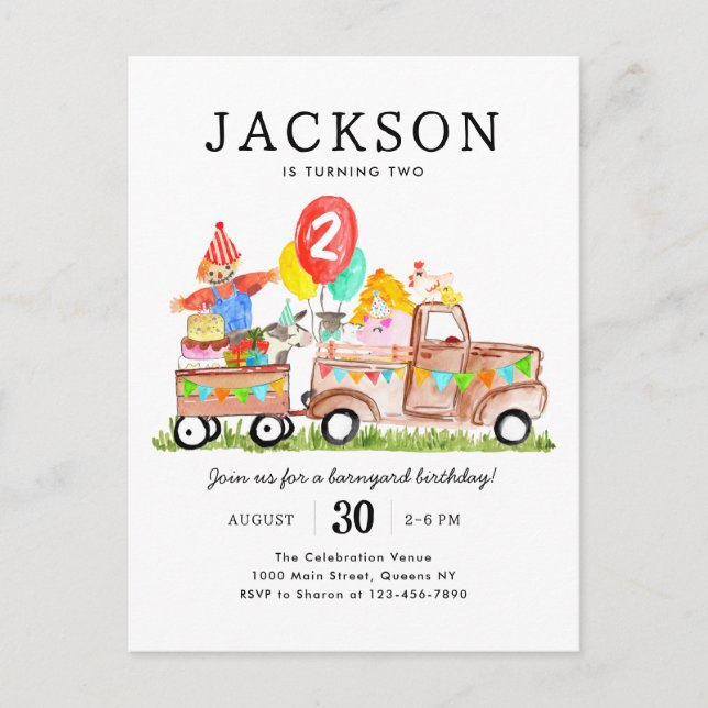 Cute Barnyard Animals Lastbil Kids Farm Birthday Vykort (Framsida)