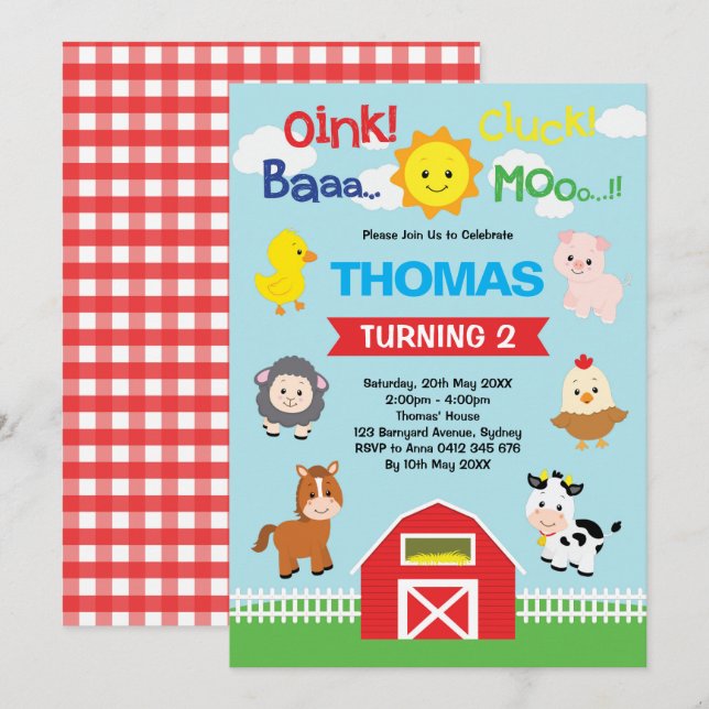 Cute Barnyard Birthday Petting Boskap Party Inbjudningar (Fram/baksida)