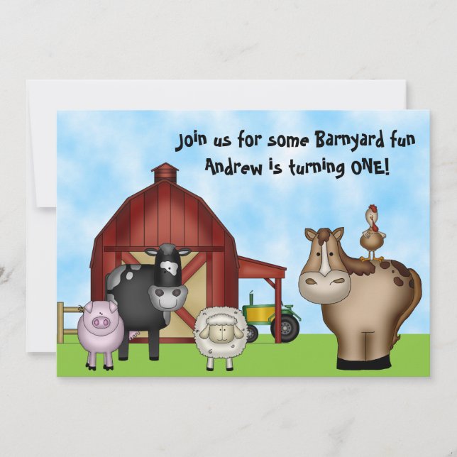 Cute Barnyard Boskap 1:a födelsedagen Party Inbjudningar (Framsida)