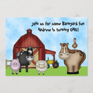 Cute Barnyard Boskap 1:a födelsedagen Party Inbjudningar