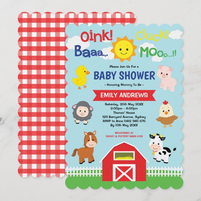 Cute Barnyard Boskap Baby Shower Inbjudningar (Fram/baksida)