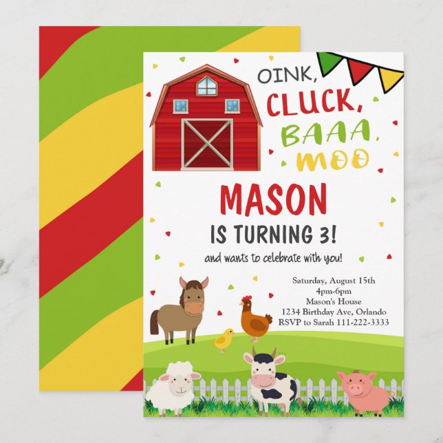 Cute Barnyard Boskap, inbjudan på födelsedagen (Fram/baksida)