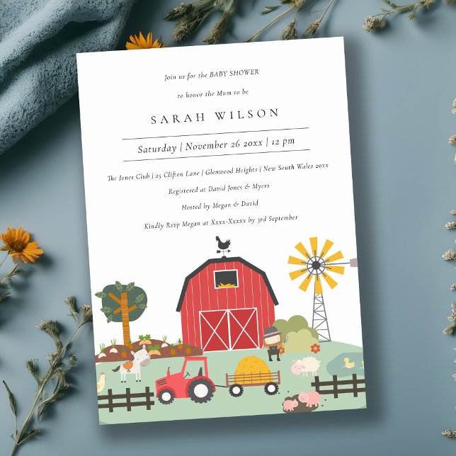 Cute Barnyard Farm Animal Baby Shower Inbjudan (Skapare uppladdad)