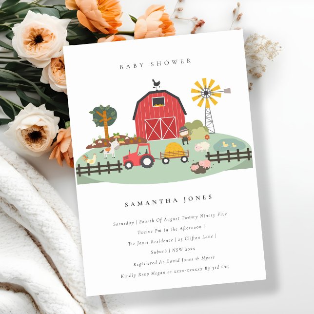 Cute Barnyard Farm Animal Baby Shower Inbjudan (Skapare uppladdad)