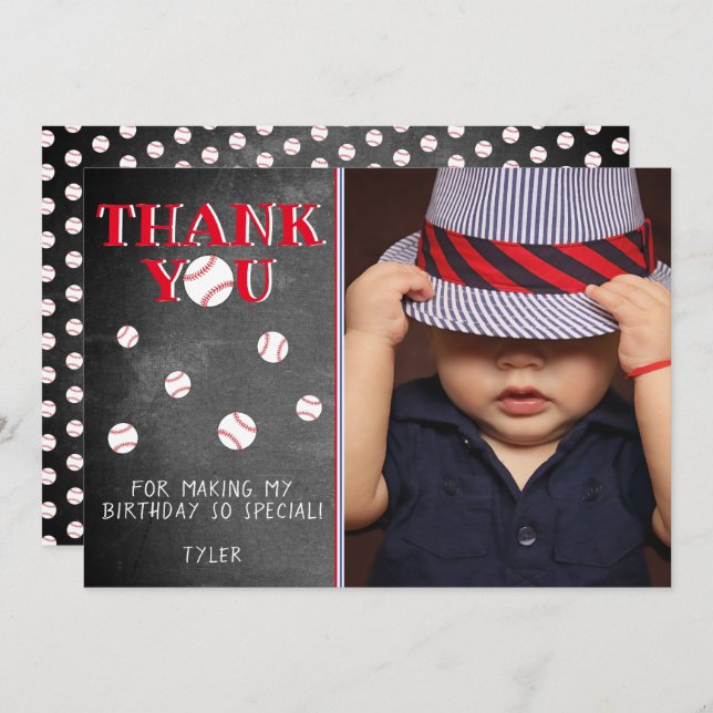 Cute Baseball Boll Chalkboard Sport Birthday Photo Tack Kort (Fram/baksida)