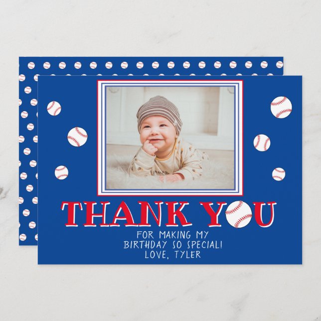Cute Baseball Bollar Birthday Photo Tack Kort (Fram/baksida)