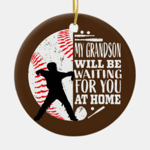 Cute Baseball Catcher Grandma Grandpa Grandson Julgransprydnad Keramik
