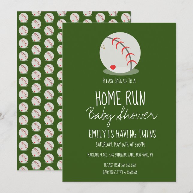 Cute Baseball Sports Baby Shower-inbjudan för Grön Inbjudningar (Fram/baksida)