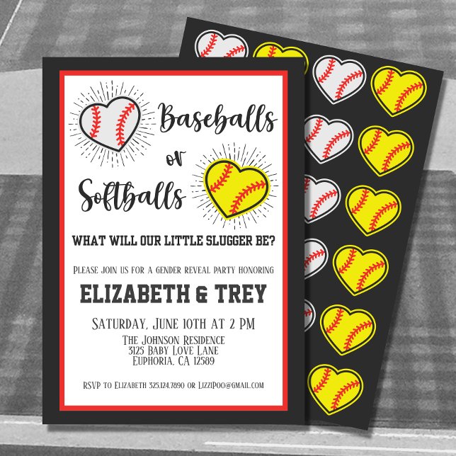 Cute Basebollar eller Softbollar Gender Reveal Inbjudningar (The perfect gender reveal invite for baseball and softball lovers.  )