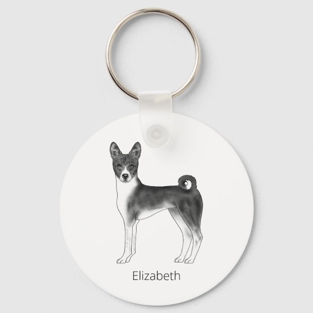 Cute Basenji Hund in Black and White & Anpassnings Nyckelring (Framsida)