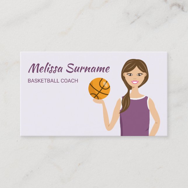 Cute Basketball Coach Girl Illustration Lila Visitkort (Framsida)