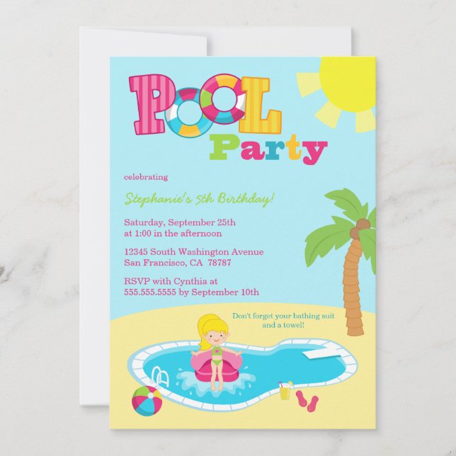 Cute bassäng party flick kalas inbjudningar (Framsida)