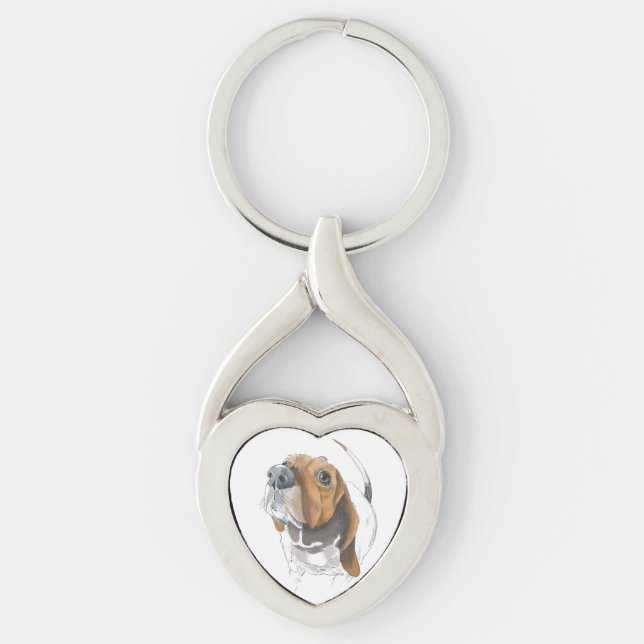 Cute Basset har stängt Kärlek Twisted Heart Silverfärgad Nyckelring (Framsidan)